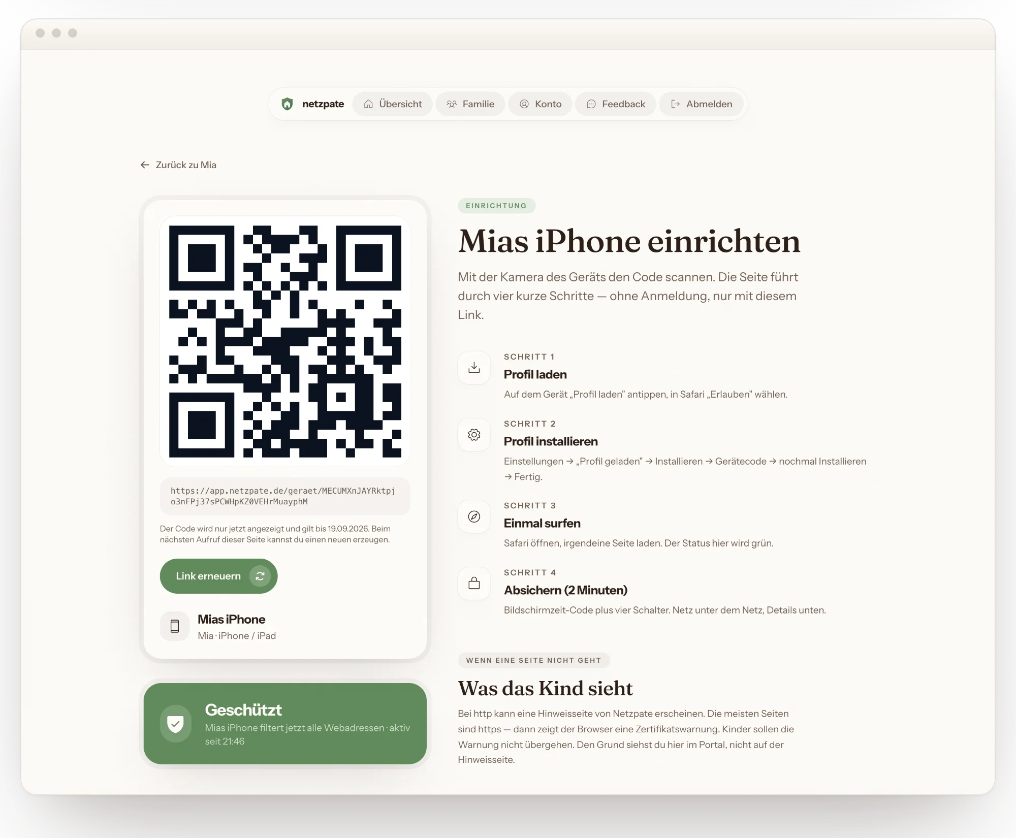 Geräte-Einrichtung im Portal: großer QR-Code neben vier kurzen Schritten und dem grünen Status „Geschützt“.