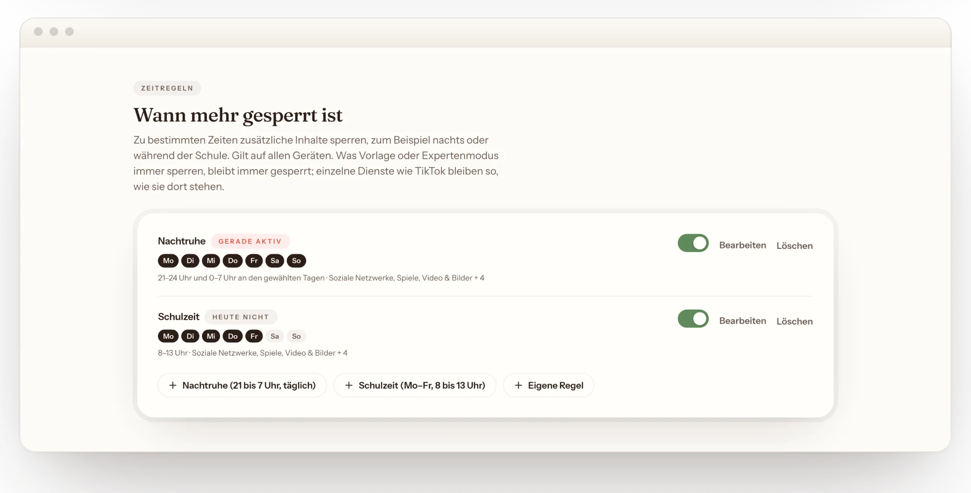 Karte „Zeitregeln“ im Portal mit den Regeln „Nachtruhe“ und „Schulzeit“, jeweils mit Wochentagen und Schalter.